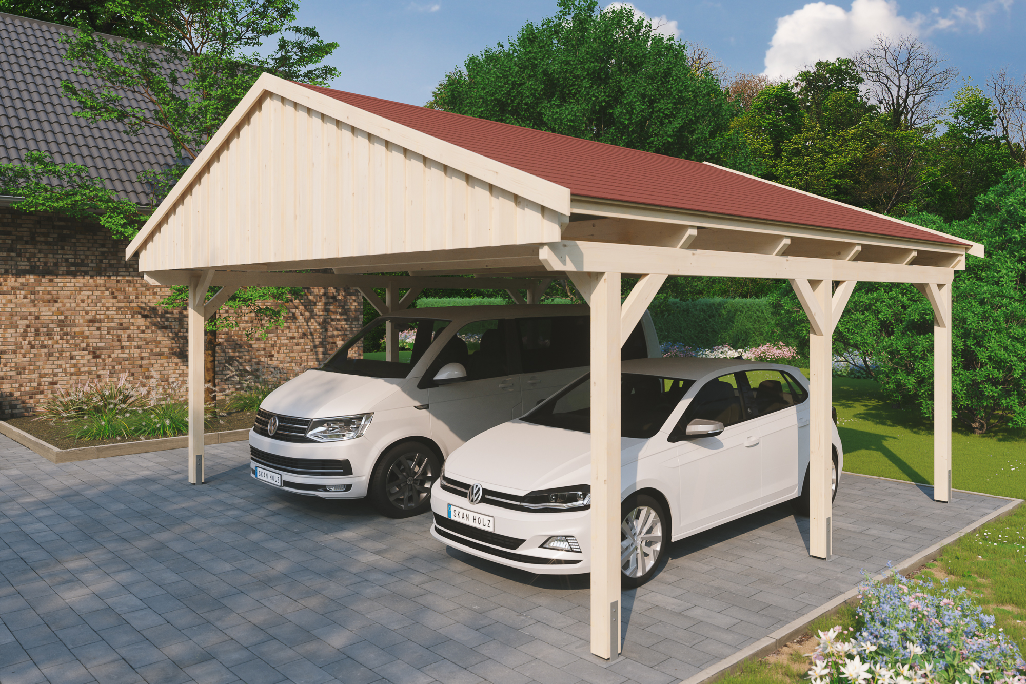 Carport Fichtelberg 618 x 566 cm, rode dakshingels, onbehandeld