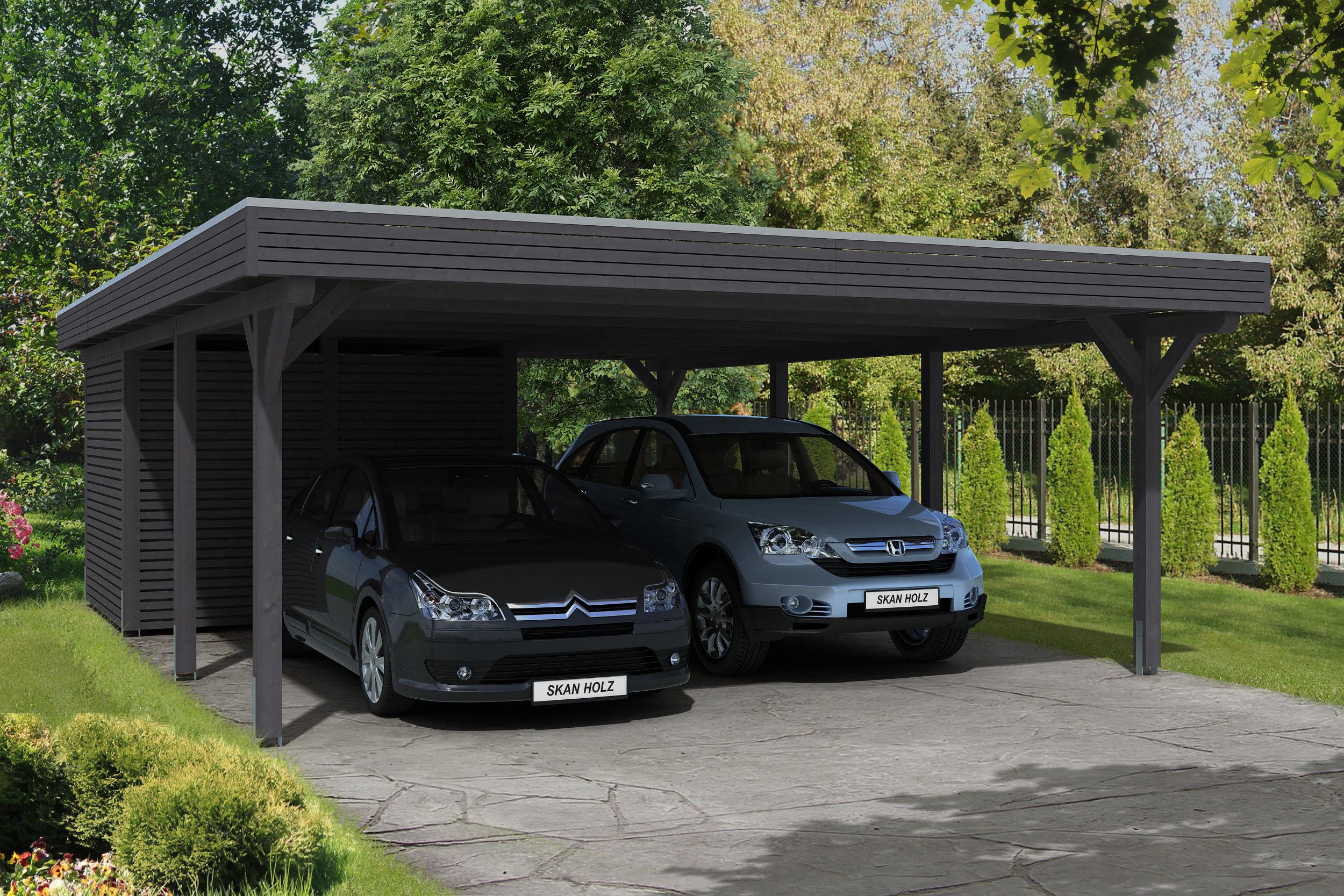 Ambientebild: Carport Spessart 611 x 846 cm mit Abstellraum, farblich behandelt in schiefergrau