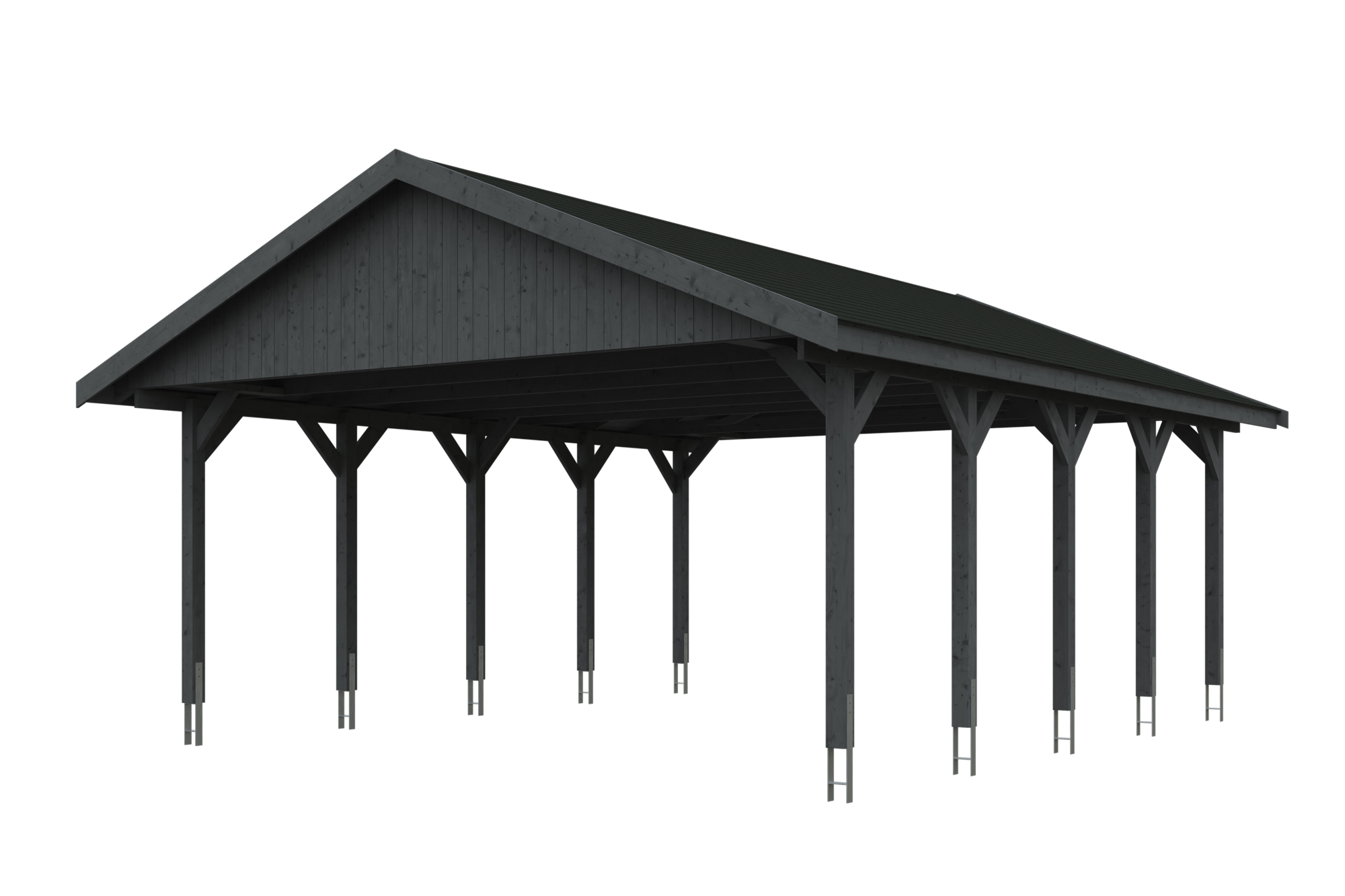 Carport Wallgau 620 x 750 cm, gelakt in leigrijs, inclusief zwarte dakshingels