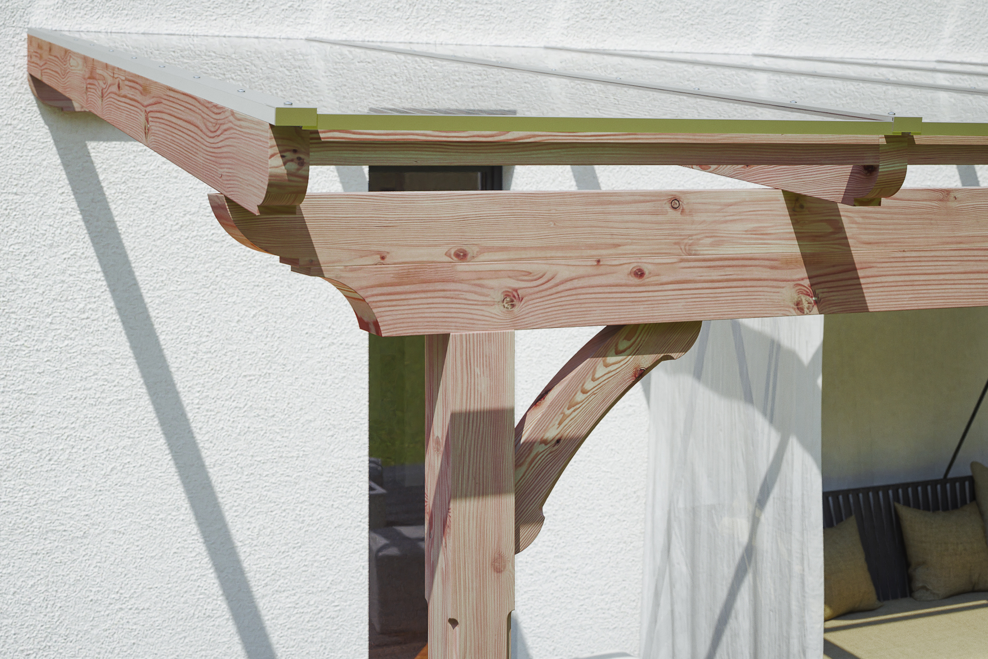 Detailbild einer Terrassenüberdachung Ravenna mit Blick seitlich auf das Dach