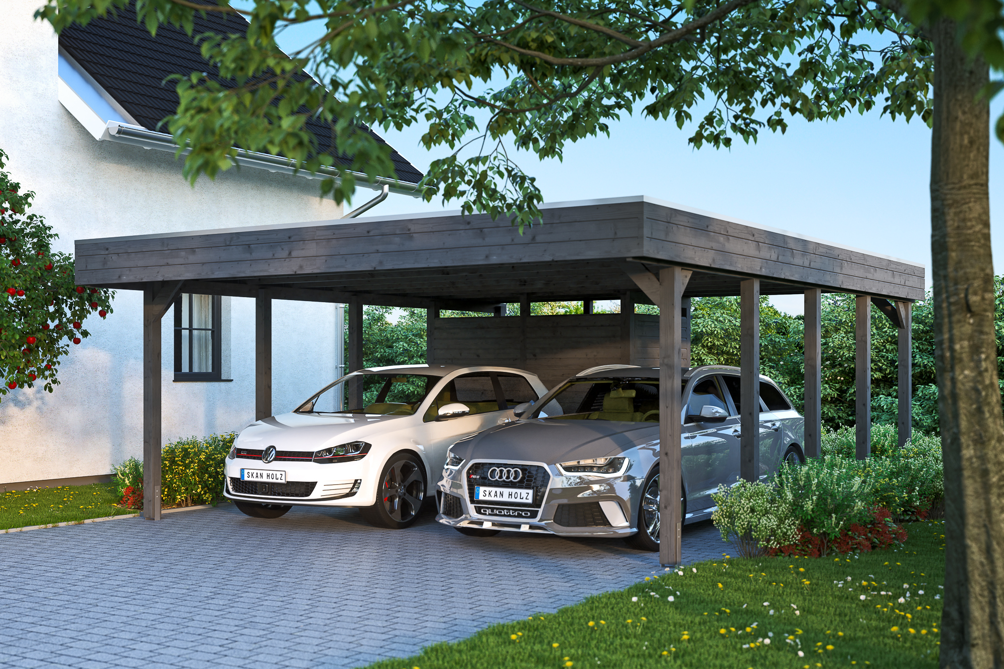Ambientebild: Carport Friesland 557 x 708 cm, mit Abstellraum, farblich behandelt in schiefergrau