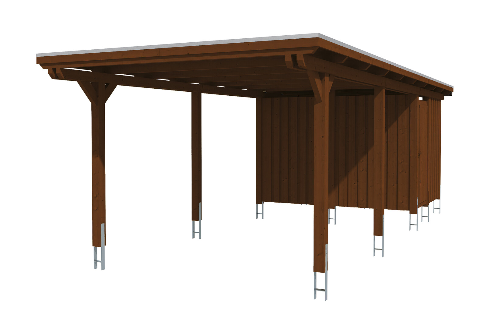 Carport EMSLAND 354x846cm avec remise, avec panneaux de toit en aluminium, bois lamellé-collé, traitement coloré noyer