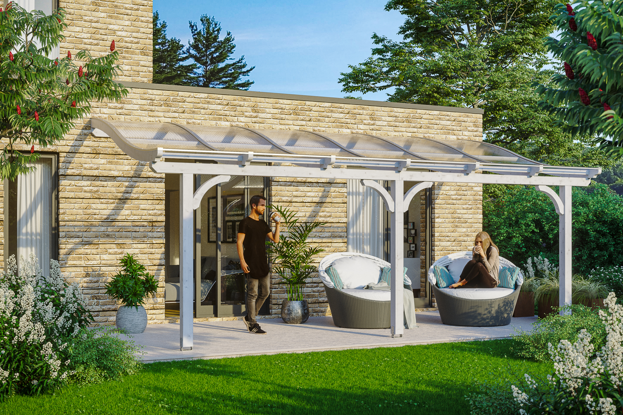 Ambientebild: Terrassenüberdachung Venezia, Breite 648 cm, farblich behandelt in weiß