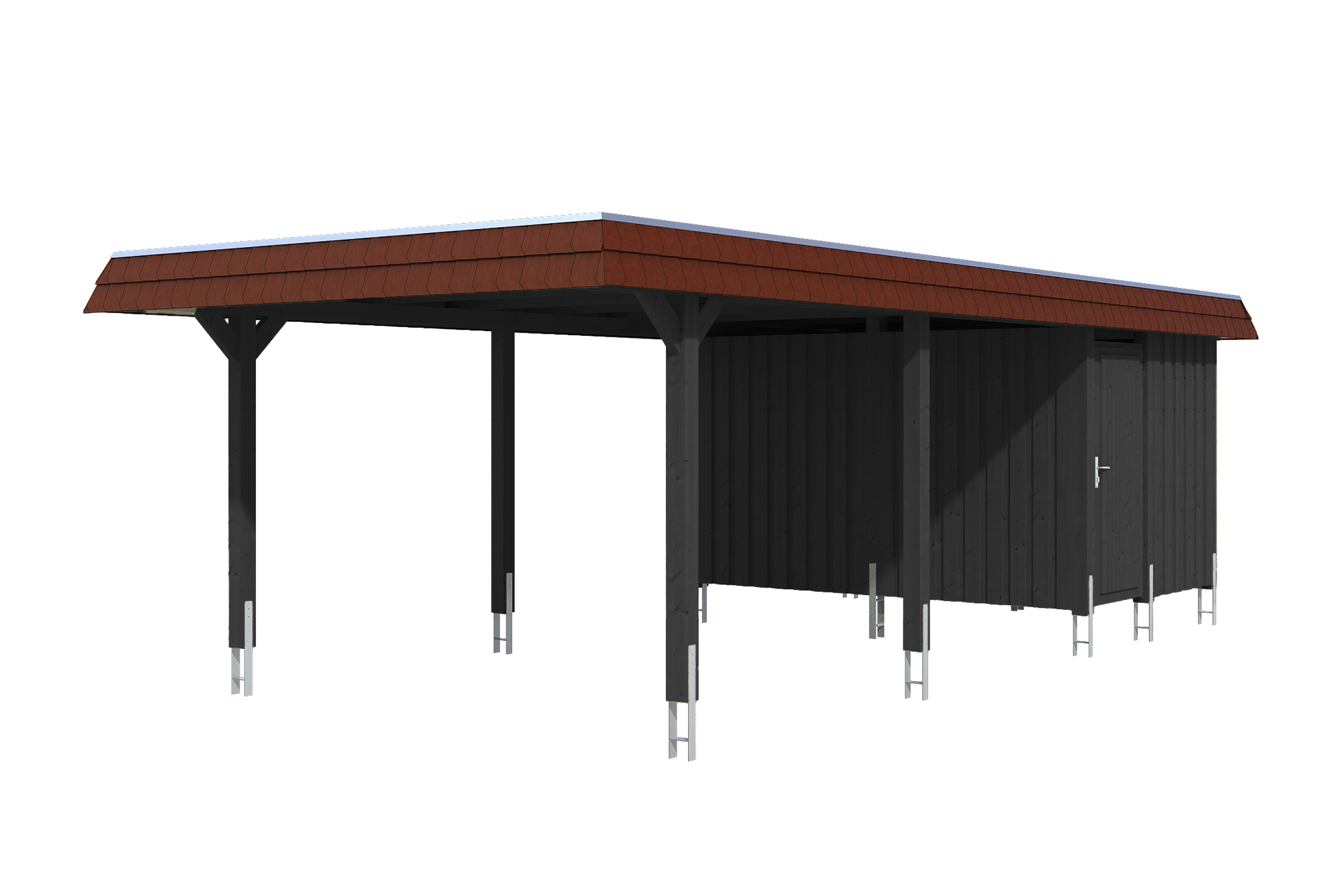 Produktbild: Carport Wendland 409 x 870 cm, mit Abstellraum, mit roter Blende, farblich behandelt in anthrazit