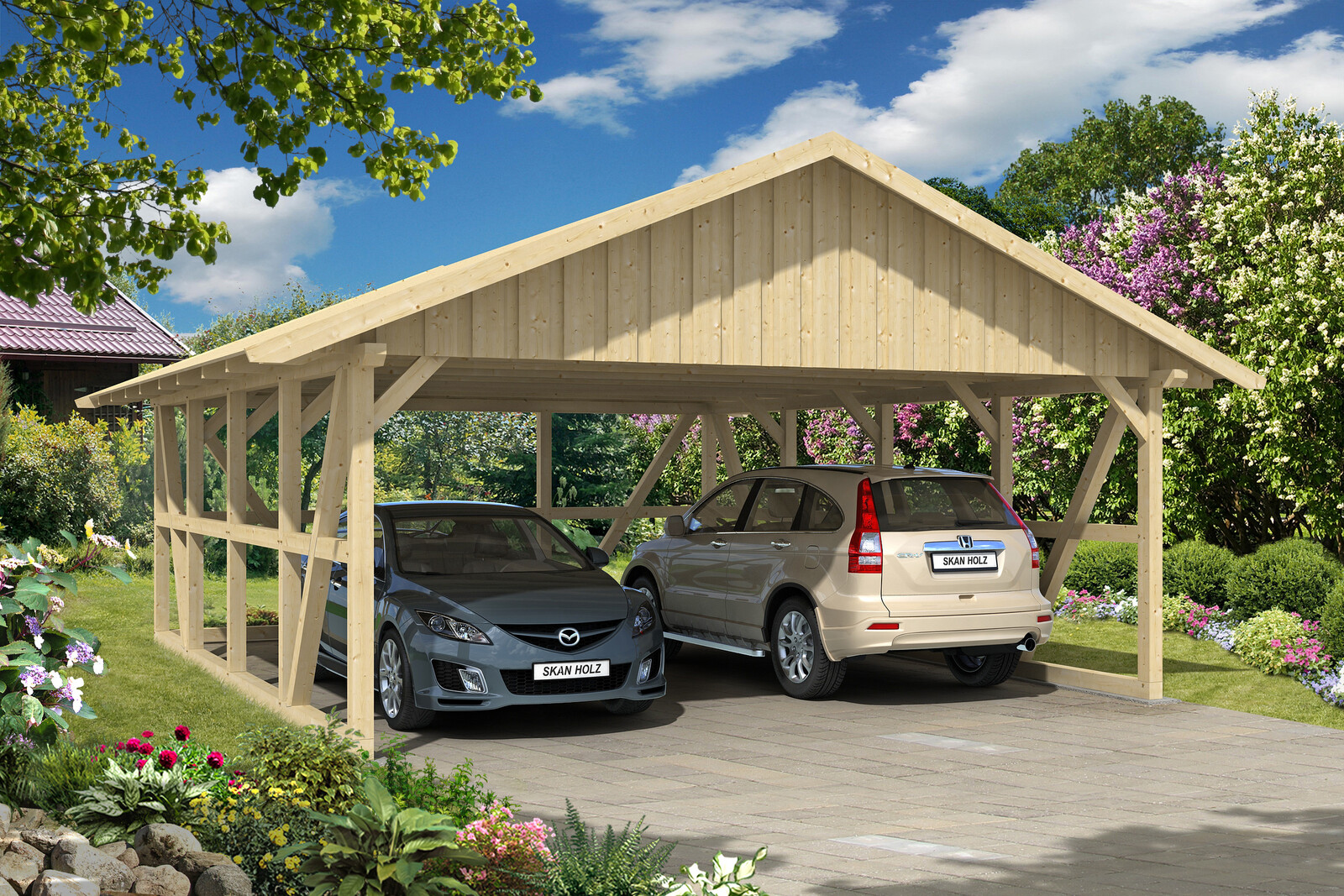 Carport Schwarzwald 684 x 772 cm mit Rückwand, natur, mit Dachschalung