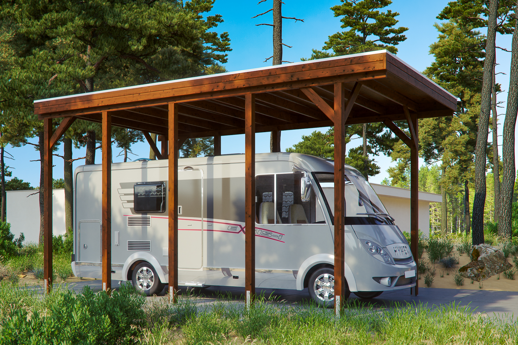 Ambientebild: Carport Friesland Caravan 397 x 708 cm, farblich behandelt in nussbaum