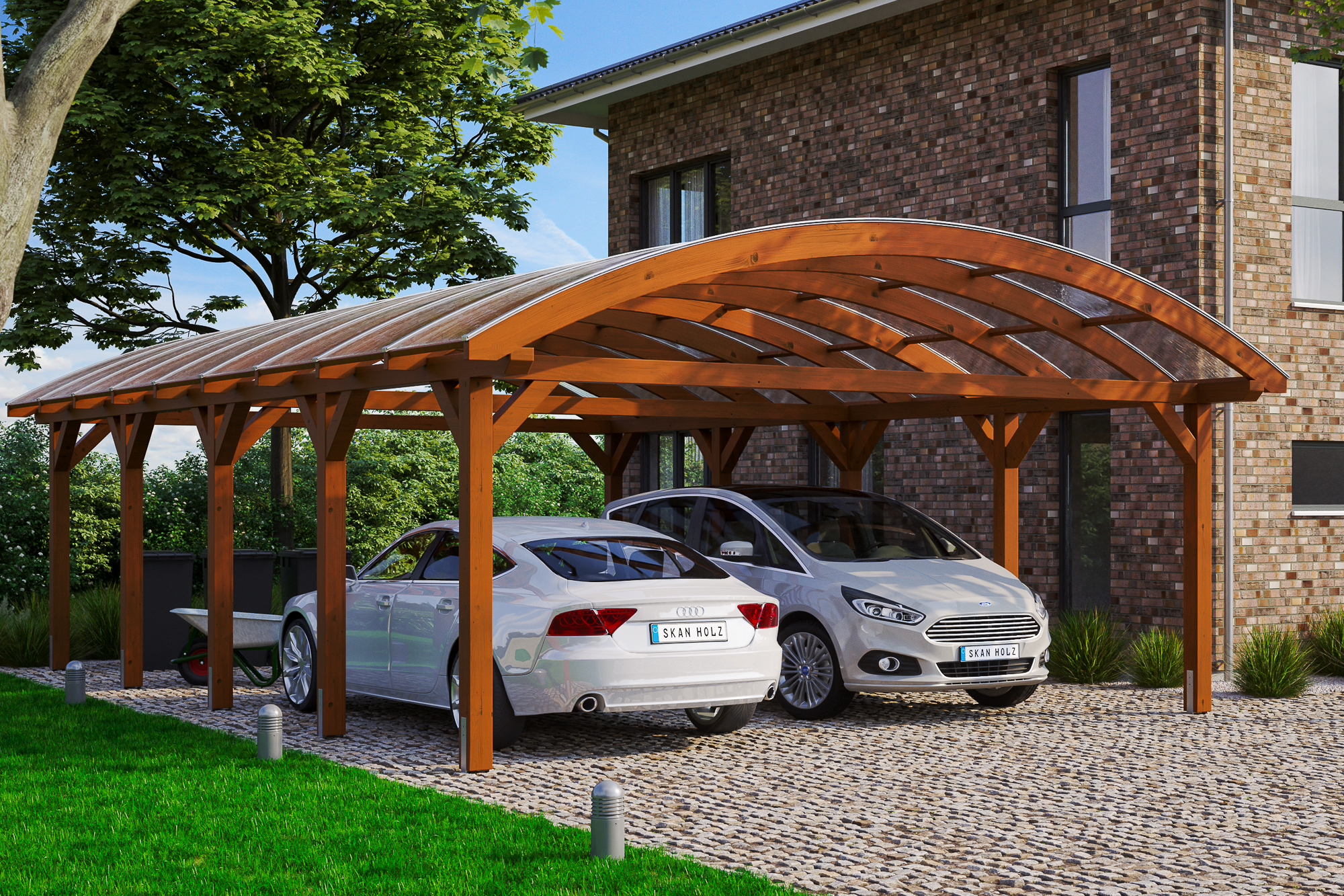 Carport Franken 635 x 969 cm, gelakt in noten, met polycarbonaatplaten